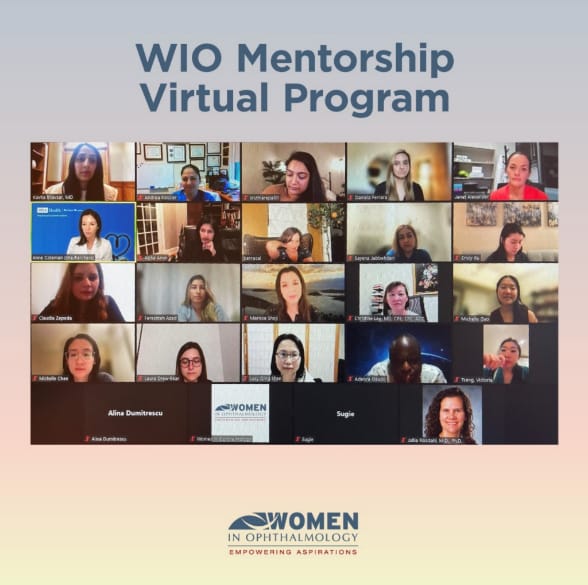 Screenshot of a virtual meeting with many participants, part of the WIO Mentorship Virtual Program by Women in Ophthalmology. The logo and tagline Empowering Aspirations appear at the bottom.