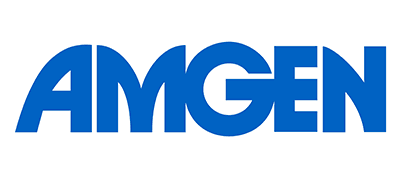 Amgen Amgen logo in bold blue uppercase letters on a white background.