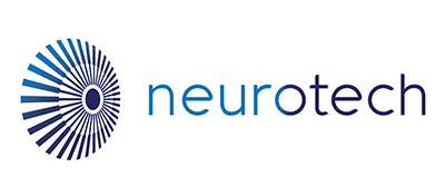 Neurotech-scaled Logo for neurotech with the name in blue font. To the left, there is a circular pattern made of radiating blue lines, resembling a stylized eye or brain with a dark center. The design uses different blue tones.