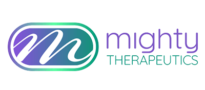 mighty-scaled Logo for Mighty Therapeutics featuring a stylized M in a blue and green oval, with mighty in purple and THERAPEUTICS in green text to the right.