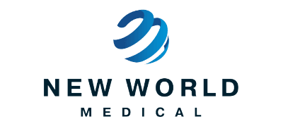 new-world-scaled Logo for New World Medical featuring a stylized blue globe made of curved lines above the company name in bold, dark letters.