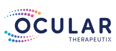occular-flattened Ocular Therapeutix logo with the word OCULAR in bold blue letters, surrounded by a curved pattern of colorful dots, and THERAPEUTIX in smaller blue letters underneath.