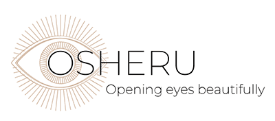 oheru-scaled Stylized eye illustration with radiating lines next to the word OSHERU in bold letters. Below, smaller text reads: Opening eyes beautifully. The design appears minimalistic and elegant.