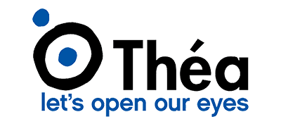 othea-scaled Théa logo with a stylized eye symbol and the words lets open our eyes written below in blue.