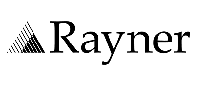 raynor-scaled.png The image shows the word Rayner in black text next to a triangular logo made of diagonal black lines on a white background.