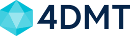 4dmt_inline_fullcolor_VECTOR_rgb_12in@300ppi-resized Blue geometric 3D hexagon shape next to bold dark blue text 4DMT on a light background.