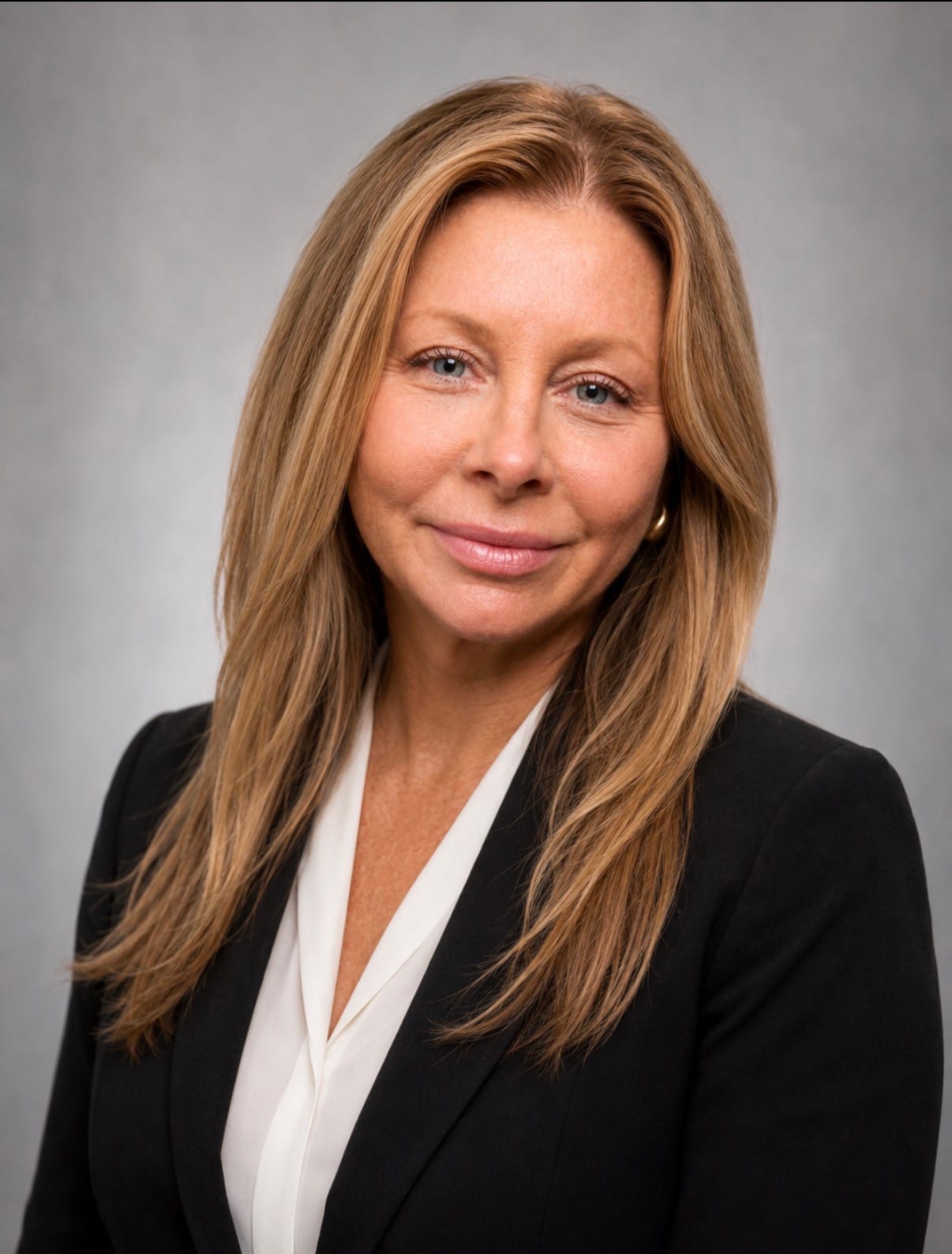 Bjones headshot A woman with long, straight, light brown hair and blue eyes is wearing a black blazer over a white blouse, smiling slightly, and posing in front of a gray background.