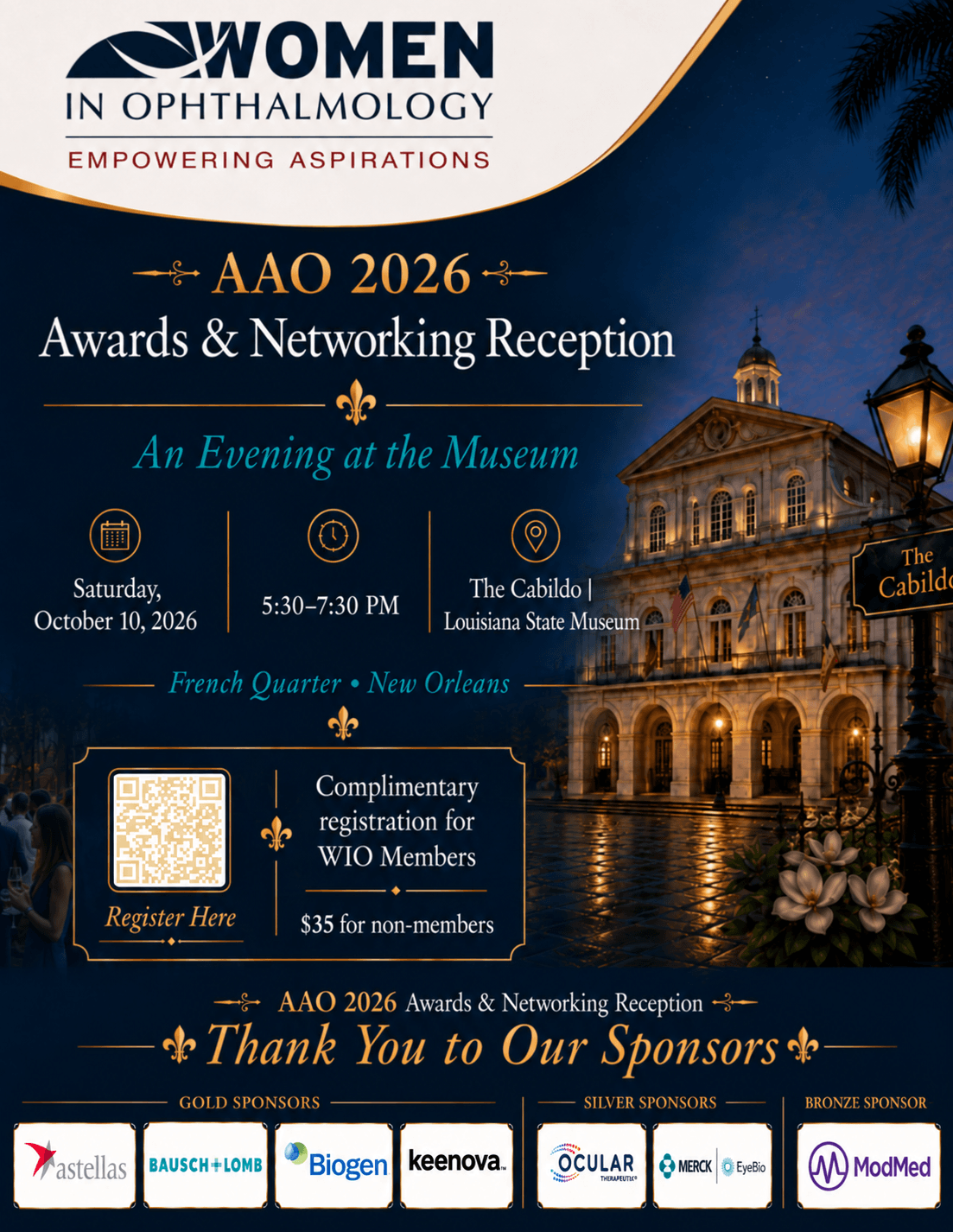 Women in Ophthalmology AAO 2026 Awards & Networking Reception flyer with event details, sponsors, a museum image, and a QR code for registration. Event is October 10, 2026, at The Cabildo in New Orleans.