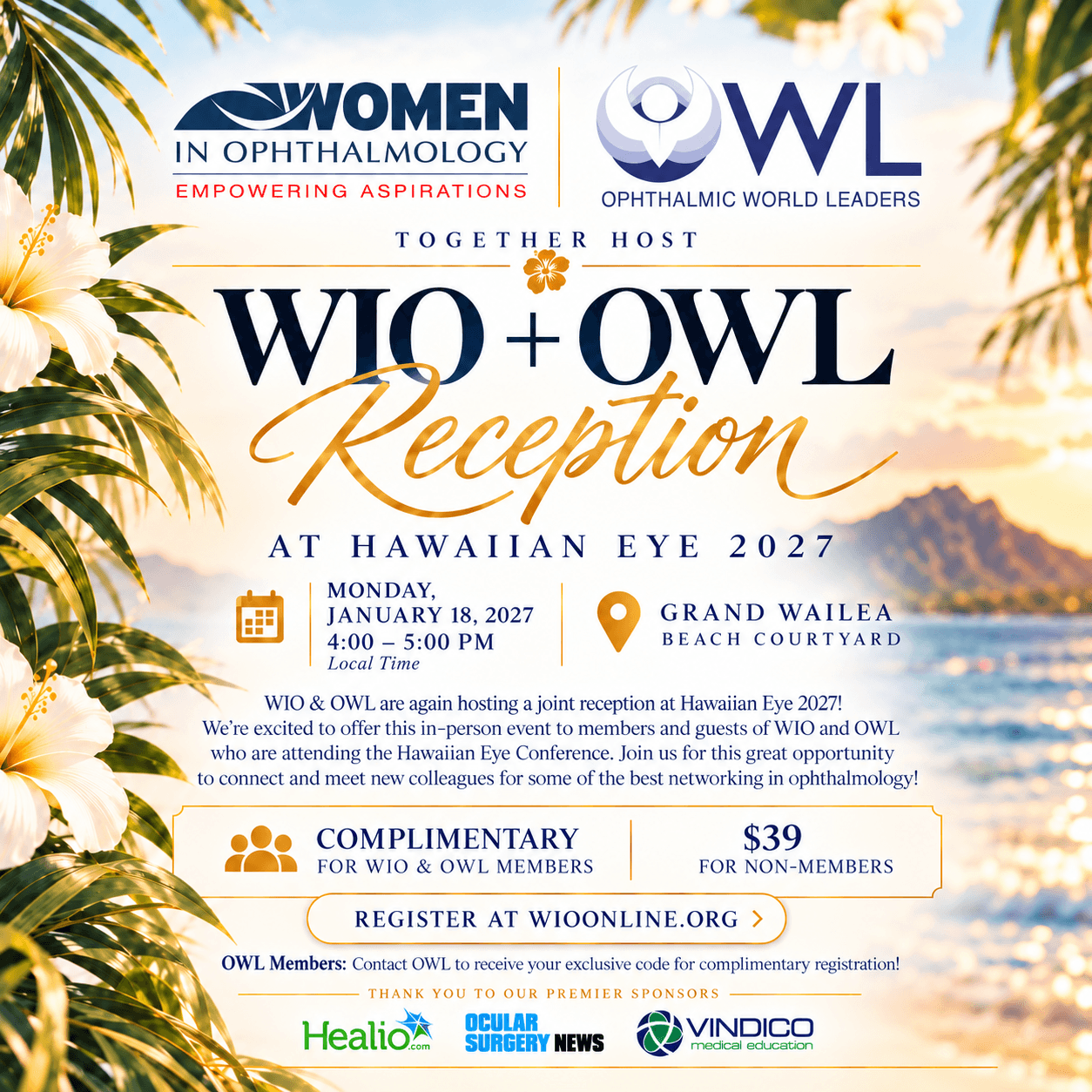 Event flyer for the WIO + OWL Reception at Hawaiian Eye 2027, held Monday, January 18, 2027, at the Grand Wailea Beach Courtyard, featuring registration information, member pricing, and sponsor logos.